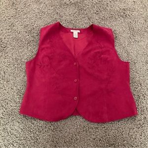 Women’s Red Embroidered Faux Suede Vest, Gilet, Waistcoat—XL, Retro 70’s, 90’s❤️